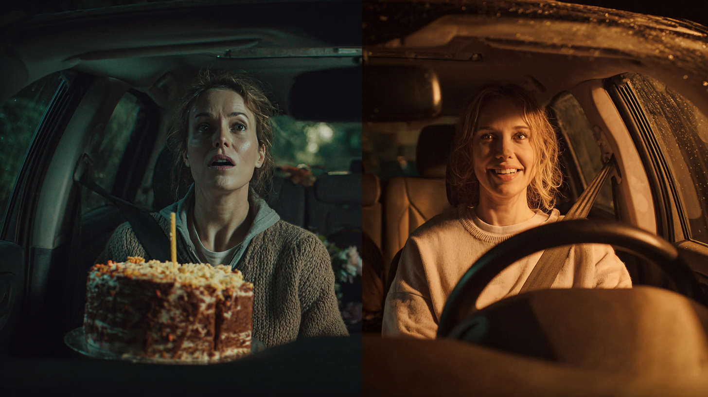 A split-screen comparison showing a stressed baker driving with an unsecured cake on a seat versus a confident baker driving with a cake safely secured on the floorboard.