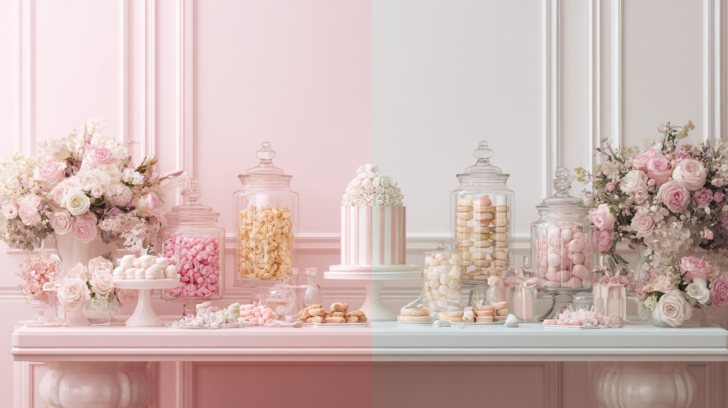 A split-screen comparison showing a symmetrical dessert table layout versus an asymmetrical layout with balanced visual weight.