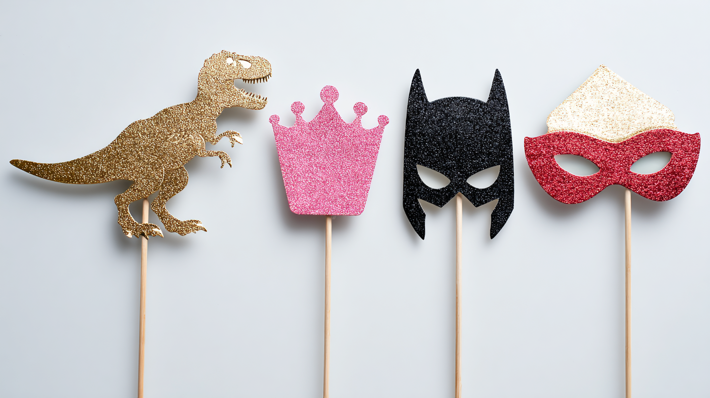 Collage of four toppers: Gold Dinosaur, Princess Crown, Superhero Mask, and Red Barn.