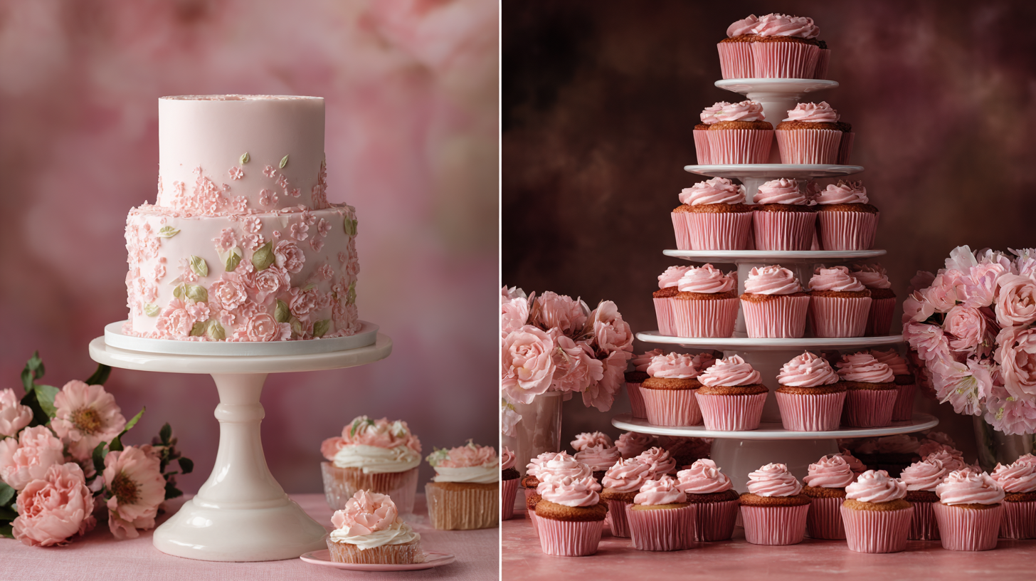 Split screen comparison showing a tiered birthday cake centerpiece versus a tiered cupcake stand display.