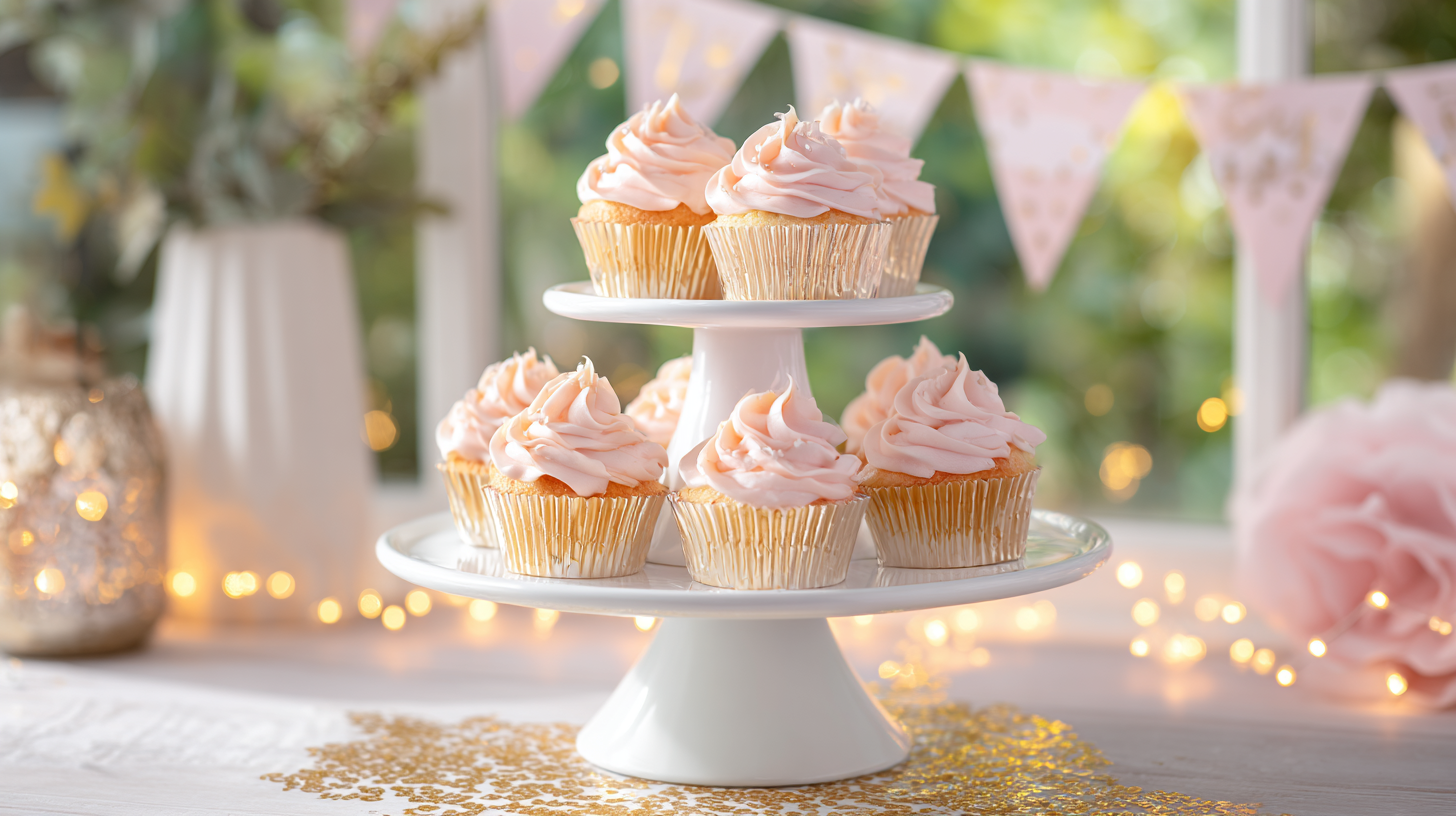 A white three-tier ceramic cupcake stand filled with pink and white frosted cupcakes on a styled birthday dessert table.
