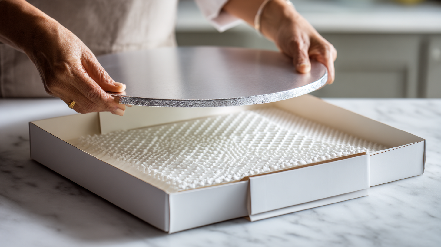 Close-up view of a non-slip mat being used inside a cake box to prevent the cake board from sliding during transport.