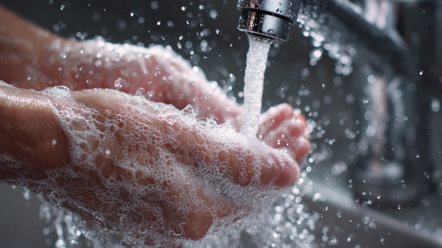 Hands being thoroughly washed with soap and water to prevent cross-contamination in an allergy-friendly kitchen.