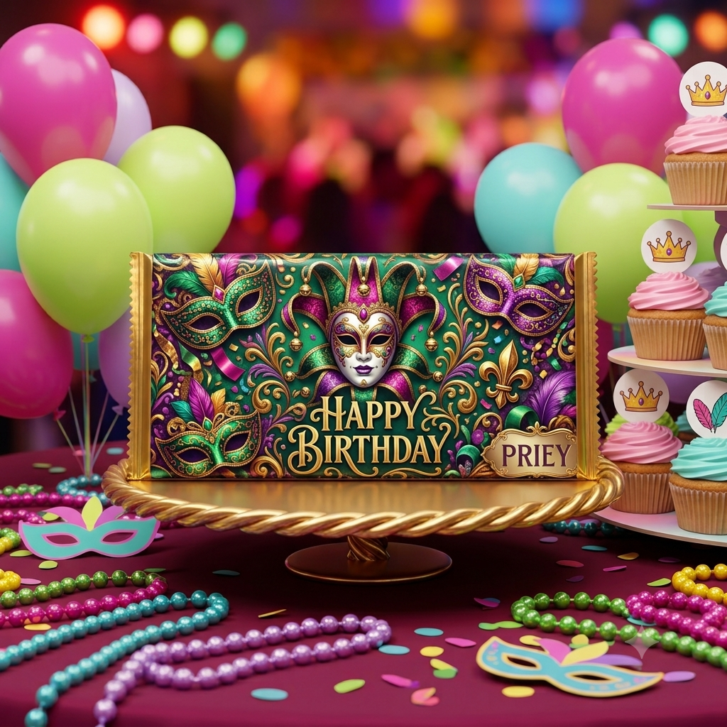 A large, custom-wrapped chocolate bar resting on a gold display stand. The wrapper features a festive Mardi Gras theme in rich green, purple, and gold, decorated with elaborate masquerade masks, gold filigree, and feathers. The text reads "Happy Birthday" in the center with a personalized tag for "PRIEY" on the right. The party table is decorated with colorful Mardi Gras beads, paper masks, balloons, and a tiered stand of cupcakes.