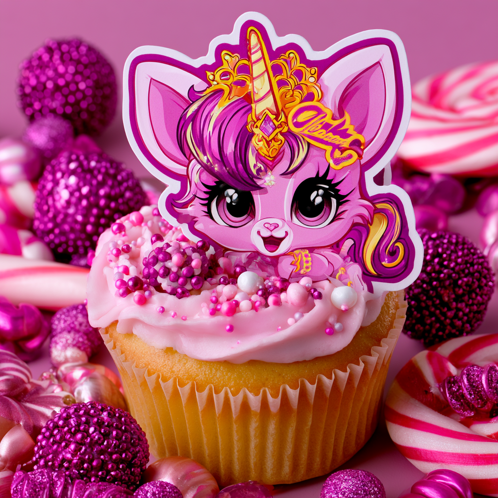 A single cupcake frosted with light pink icing and topped with pink and purple candy sprinkles, featuring a decorative paper cutout topper of a cute, cartoonish pink unicorn with a golden horn and crown. The cupcake is surrounded by purple glittery spheres and striped pink-and-white swirl lollipops.