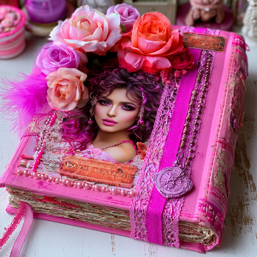 A thick, handmade pink junk journal decorated with 3D silk roses, pink feathers, intricate lace ribbons, pearl beads, a decorative pendant, and a cover portrait of a glamorous woman with purple hair.