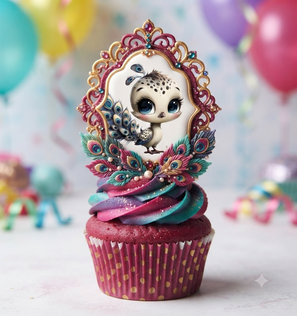 A festive birthday cupcake with a deep red cake base and berry-toned icing, topped with an ornate, elegant frame containing a small, cute peacock illustration.