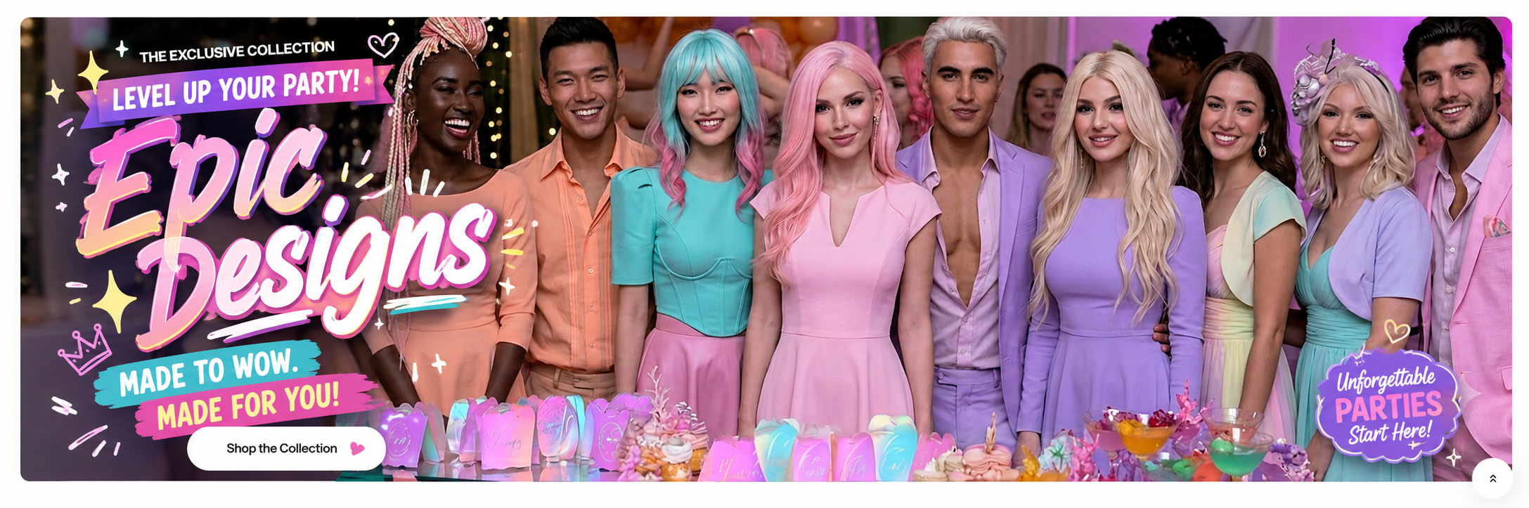 A diverse group of smiling wedding guests in modest pastel evening wear gathered behind a glass table displaying custom iridescent party favors and desserts at a mythical-themed reception.
