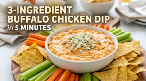 A white bowl filled with creamy orange buffalo chicken dip topped with blue cheese crumbles, surrounded by tortilla chips, celery sticks, and carrots on a wooden platter with bold text reading "3-Ingredient Buffalo Chicken Dip in 5 Minutes".