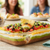 A clear glass dish of 7 layer dip featuring distinct layers of refried beans, guacamole, sour cream, and shredded cheese, finished with fresh diced tomatoes, black olives, and green onions, with a tortilla chip scooping out a bite.