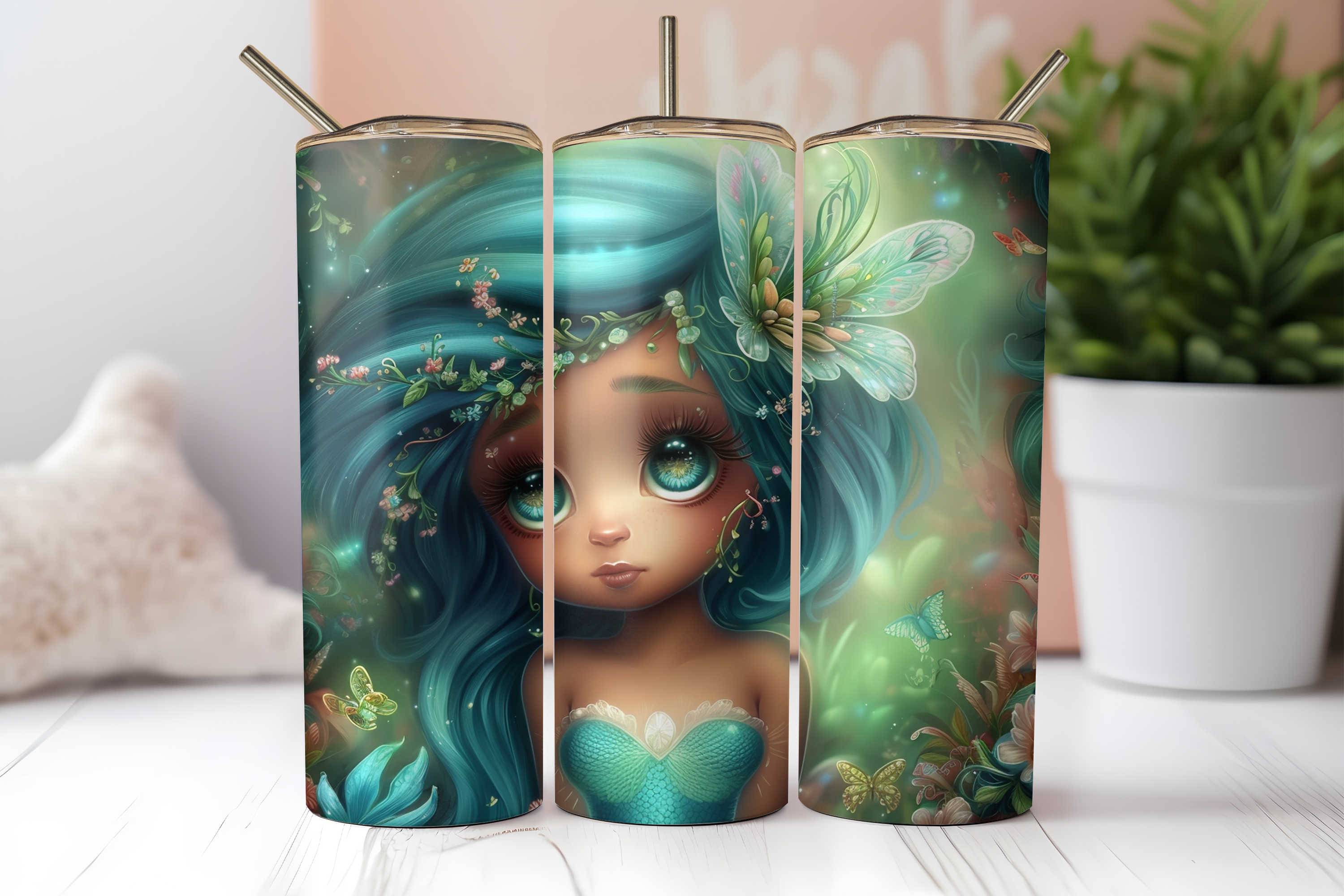 Vine Crown Mermaid Tumbler Wrap PNG | Emerald Everwild Garden Butterfly 20oz Skinny Tumbler Sublimation Design