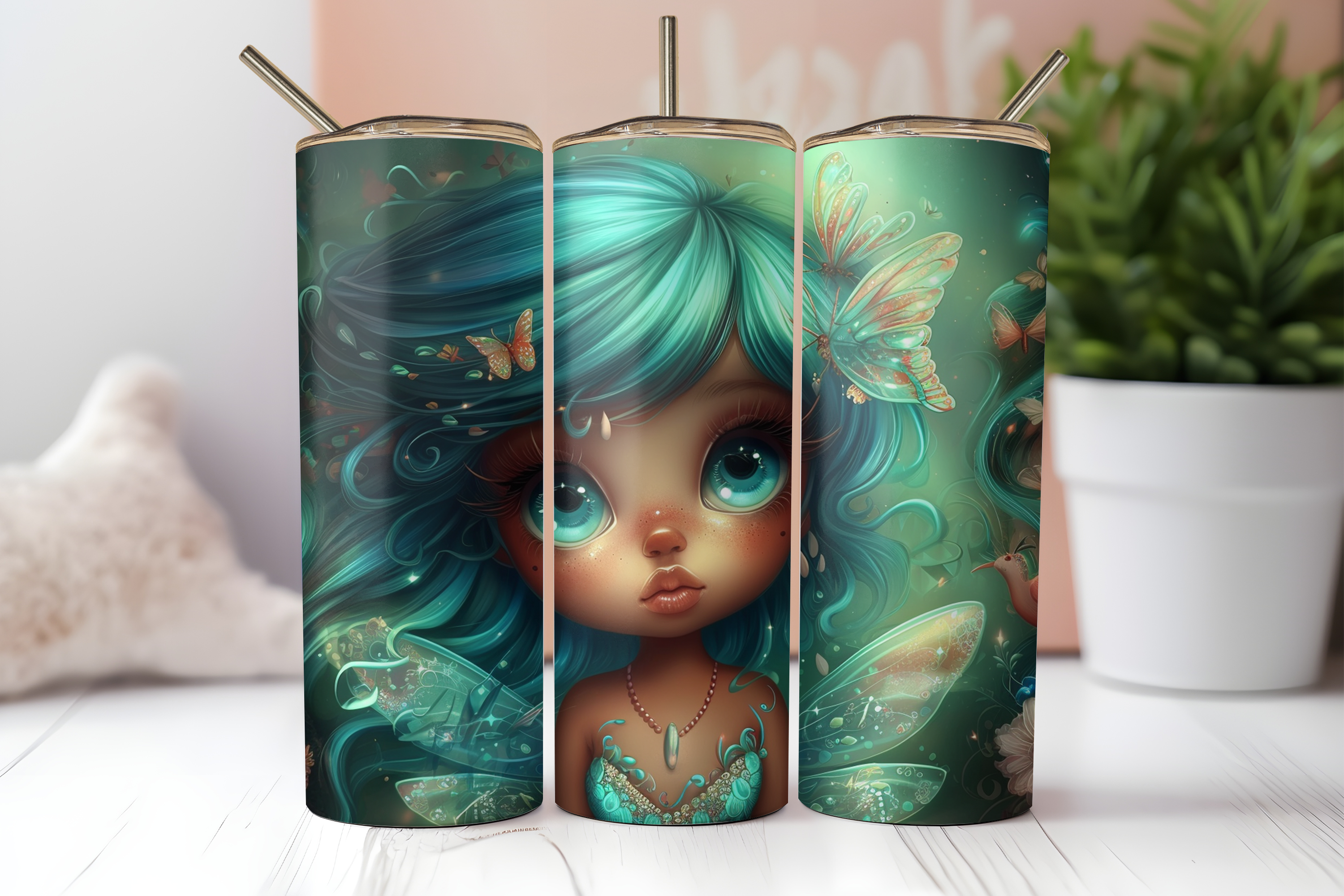 Dewdrop Mermaid Tumbler Wrap PNG | Emerald Everwild Crystal Butterfly 20oz Skinny Tumbler Sublimation Design