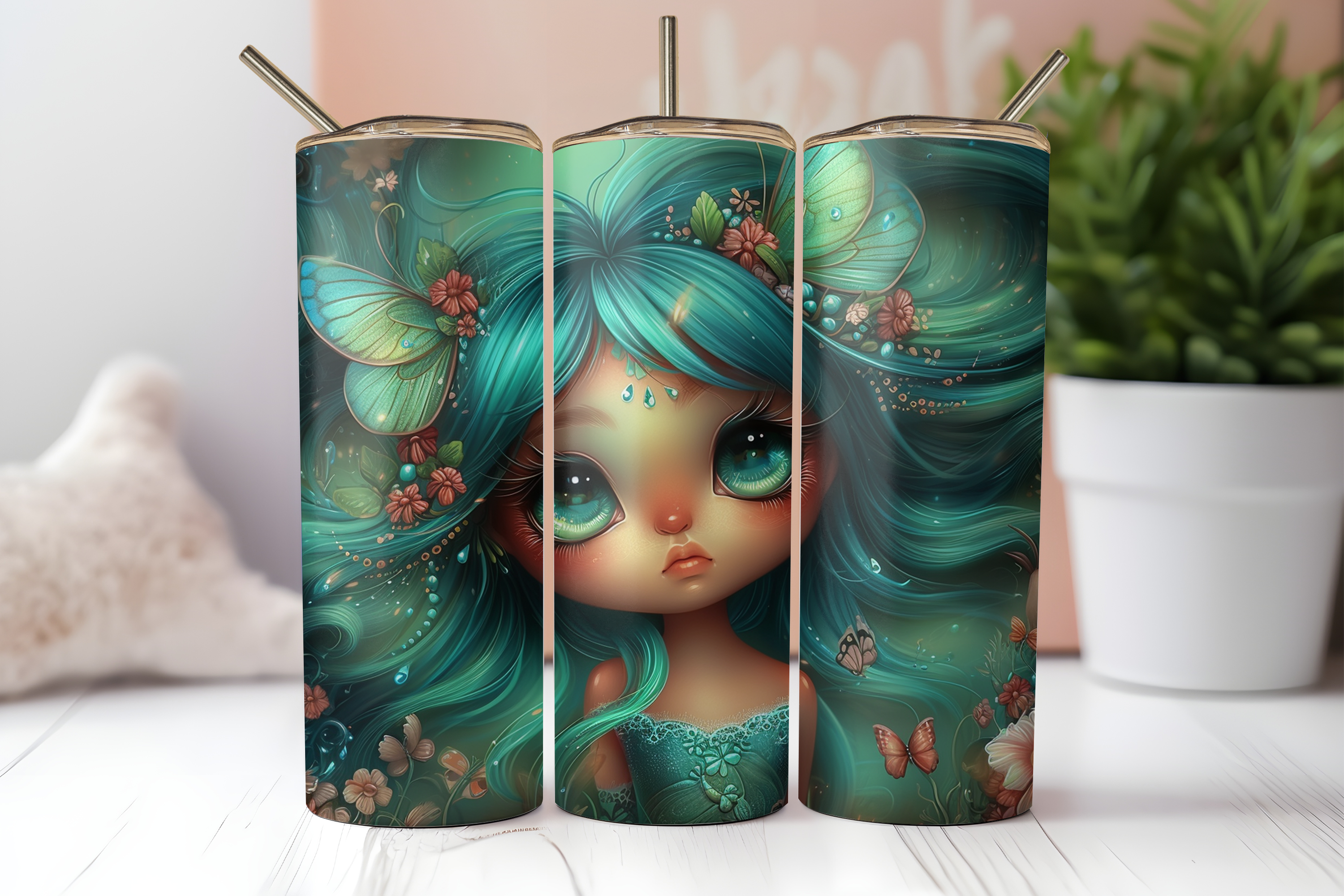 Teardrop Gem Mermaid Tumbler Wrap PNG | Emerald Everwild Coral Blossom 20oz Skinny Tumbler Sublimation Design