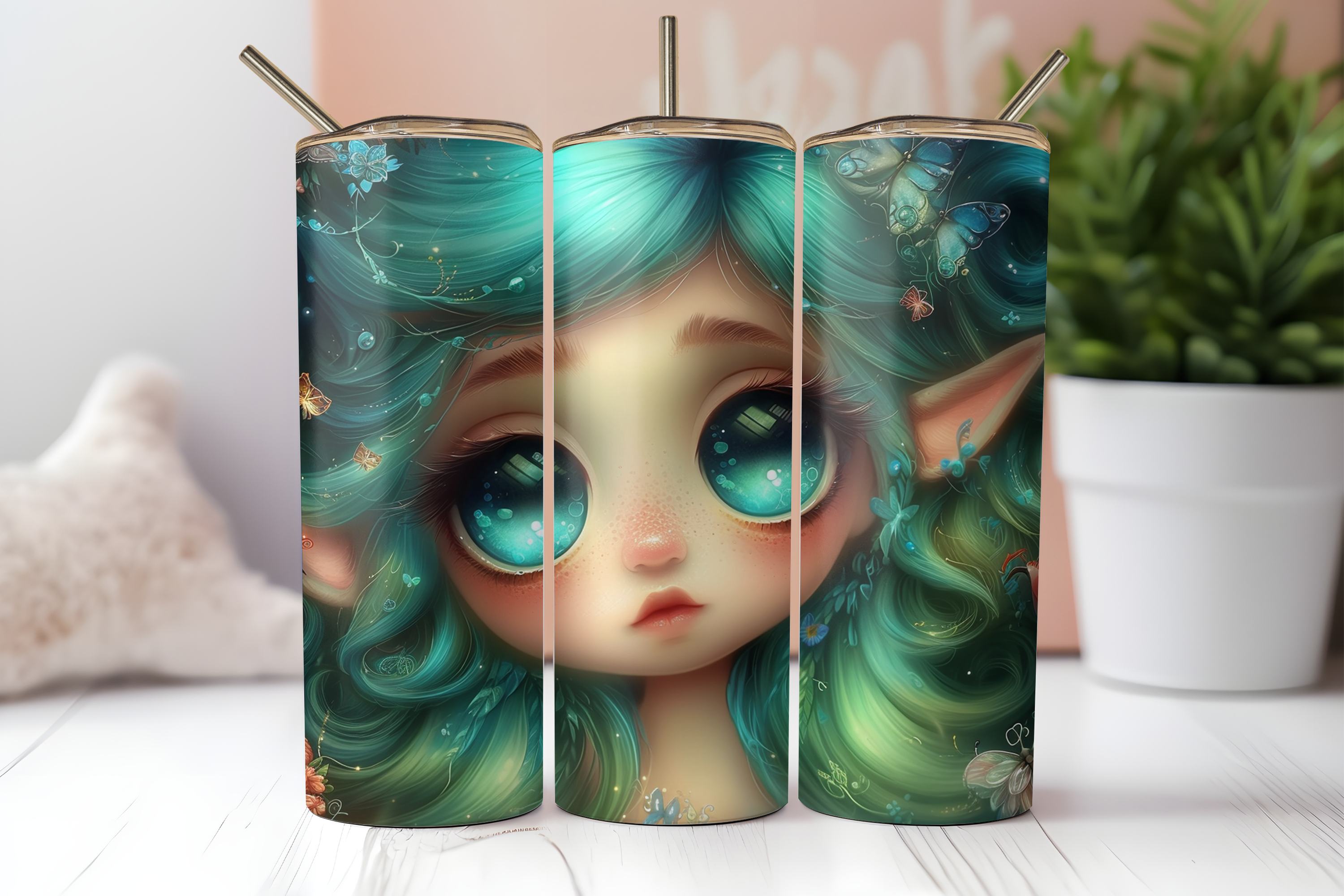 Elf-Eared Mermaid Seamless Tumbler Wrap PNG | Emerald Everwild Deep Ocean Eyes 20oz Skinny Tumbler Sublimation Design