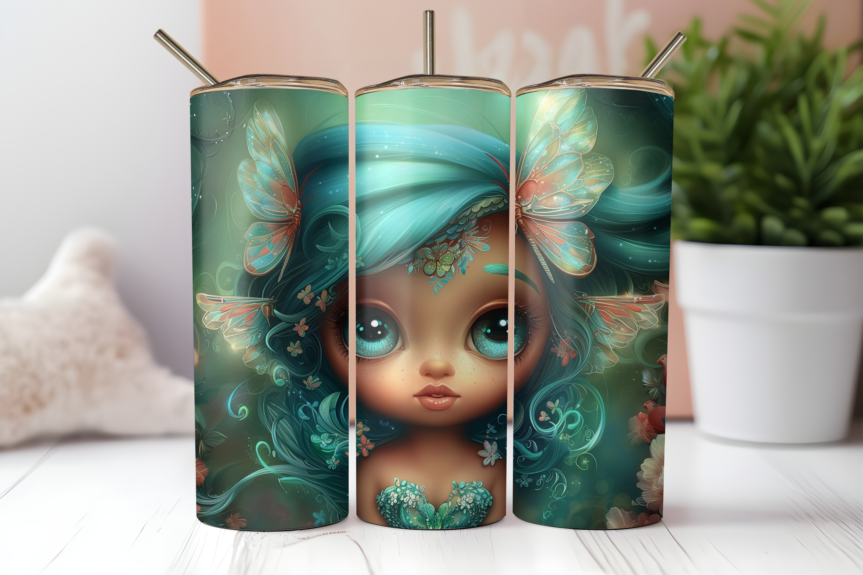 Dragonfly Tiara Mermaid Tumbler Wrap PNG | Emerald Everwild Enchanted Wings 20oz Skinny Tumbler Sublimation Design