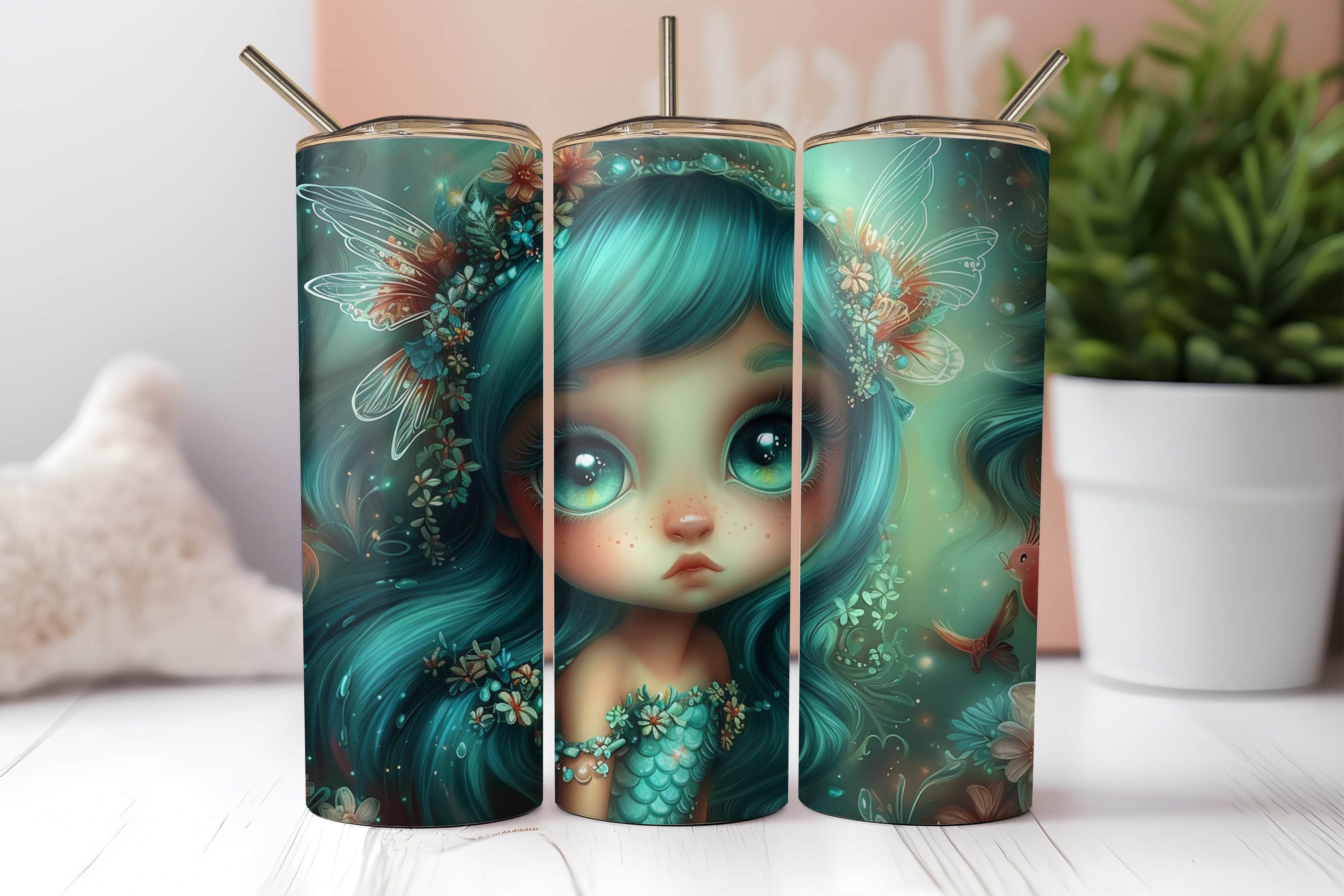 Flower Crown Mermaid Seamless Tumbler Wrap PNG | Emerald Everwild Dragonfly Garden 20oz Skinny Tumbler Sublimation Design