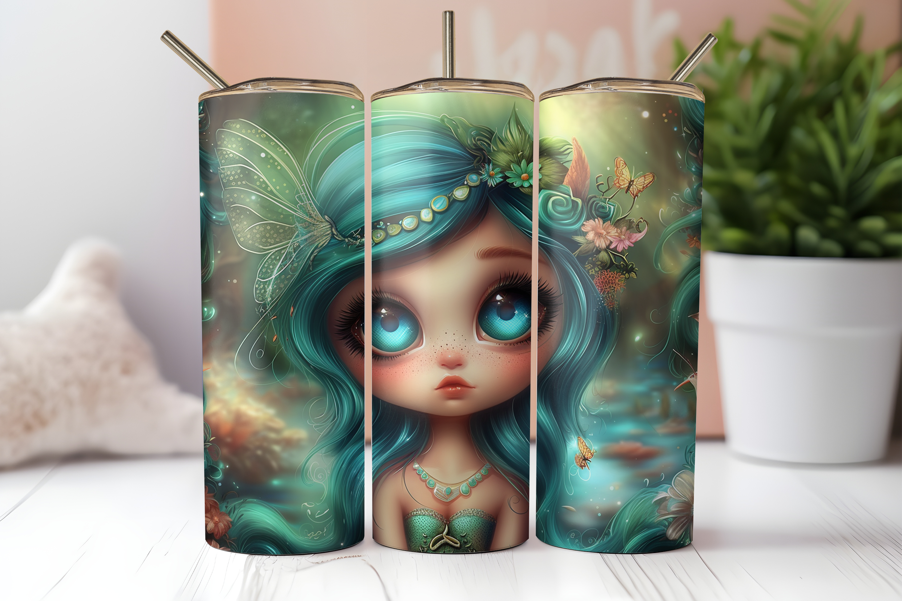 Opal Headband Mermaid Seamless Tumbler Wrap PNG | Emerald Everwild Lagoon Fantasy 20oz Skinny Tumbler Sublimation Design