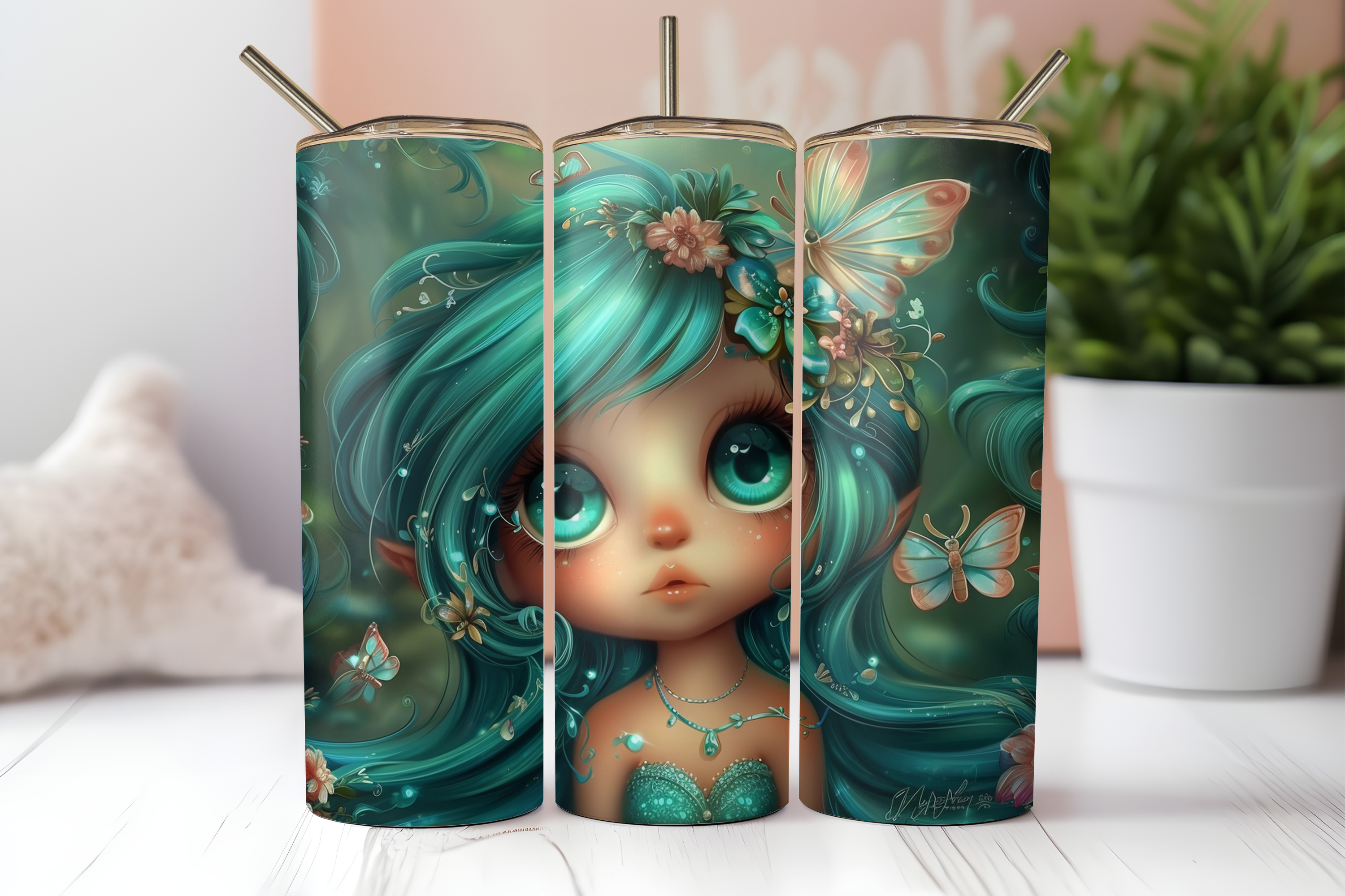 Clover Blossom Mermaid Seamless Tumbler Wrap PNG | Emerald Everwild Butterfly Cove 20oz Skinny Tumbler Sublimation Design