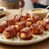 A platter of glossy bacon-wrapped chicken bites with a sweet maple glaze, served with wooden cocktail picks.