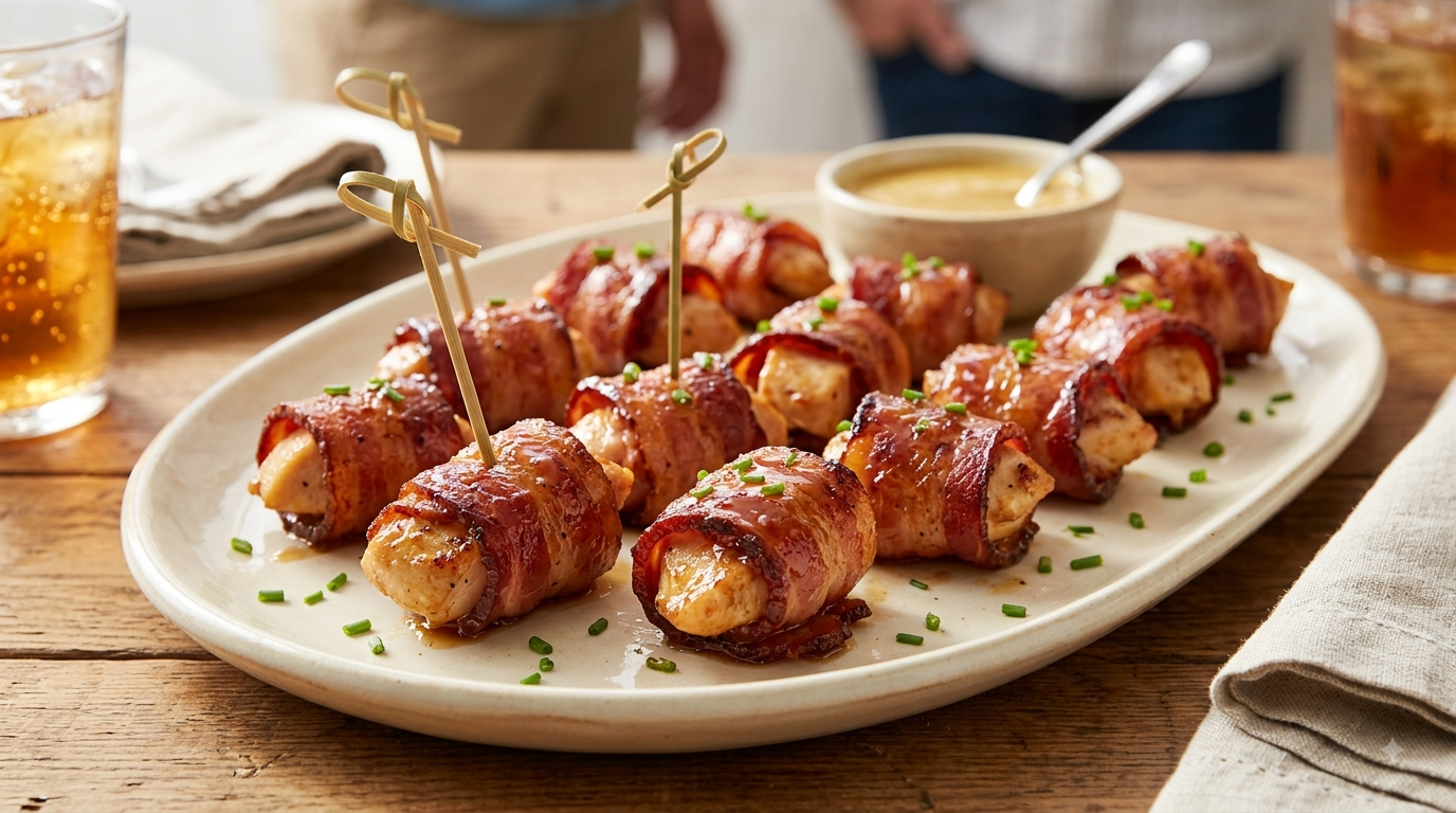 A platter of glossy bacon-wrapped chicken bites with a sweet maple glaze, served with wooden cocktail picks.