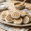 A vintage ceramic platter stacked with sliced old-fashioned potato candy pinwheels featuring a creamy peanut butter swirl, set on a wooden table alongside powdered sugar and peanut butter.