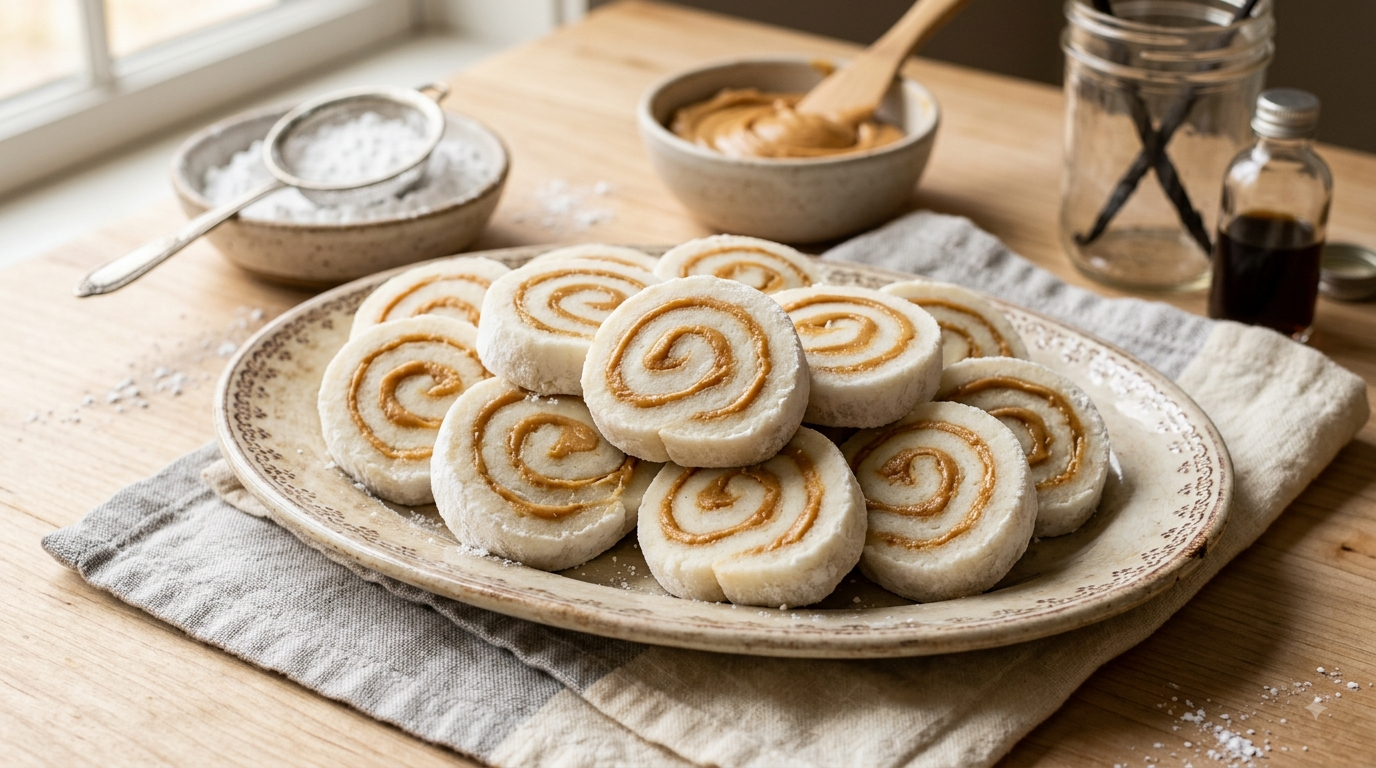 A vintage ceramic platter stacked with sliced old-fashioned potato candy pinwheels featuring a creamy peanut butter swirl, set on a wooden table alongside powdered sugar and peanut butter.
