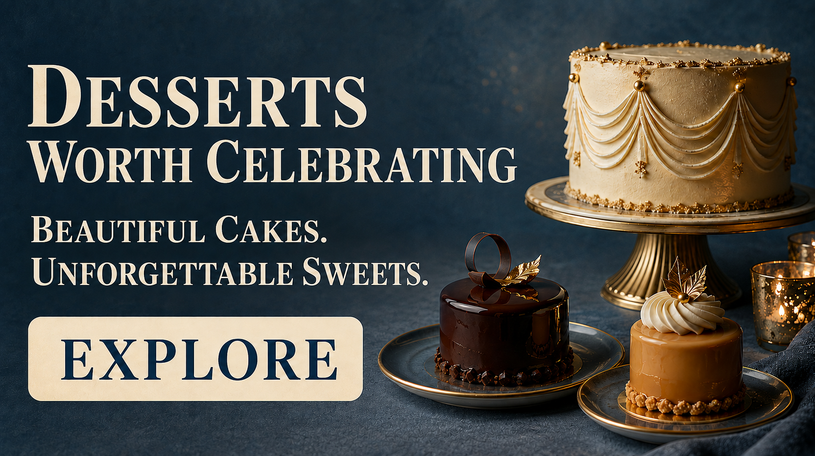 Elegant ivory celebration cake with chocolate and caramel desserts