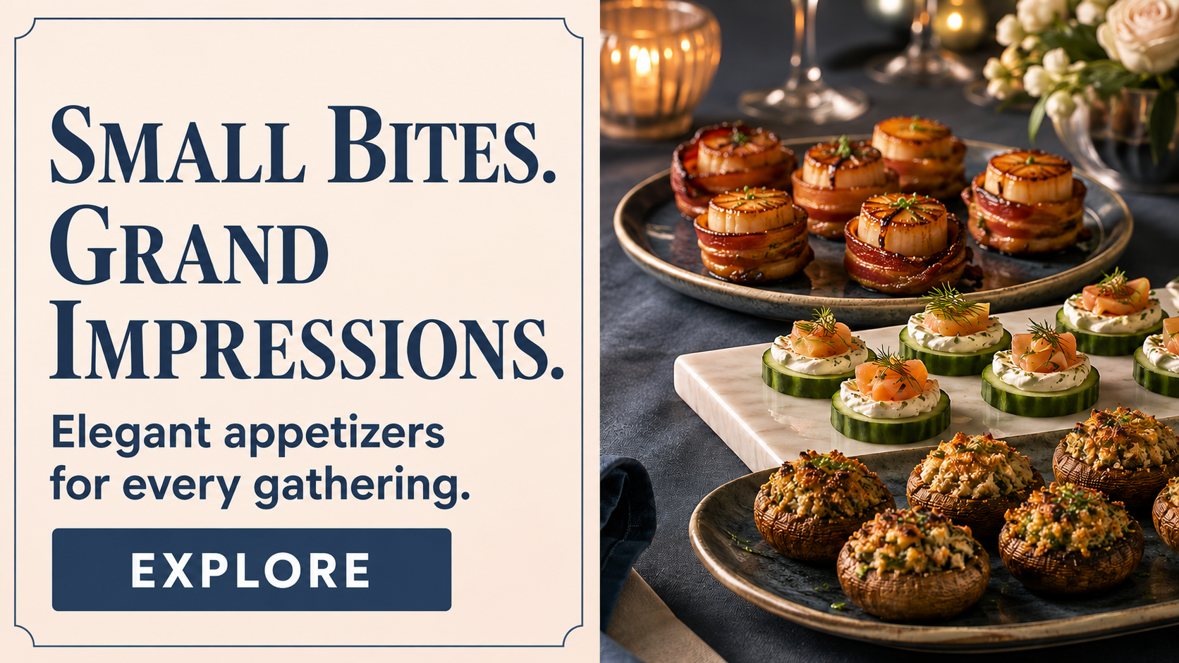 Elegant bacon-wrapped scallops, cucumber canapés, and stuffed mushrooms for a Priey appetizer collection