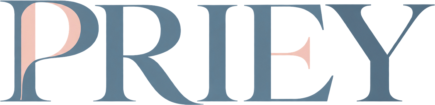 Priey logo in slate blue with a soft blush accent