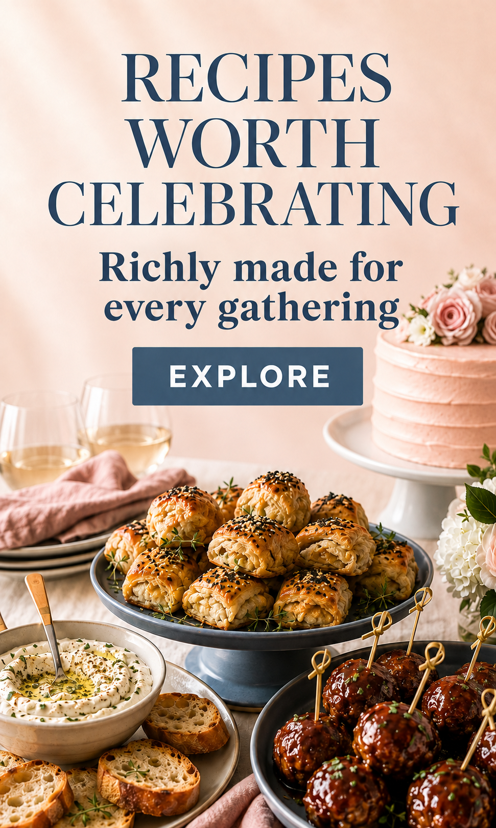 Elegant Priey celebration spread with cake, appetizers, dip, and glazed meatballs