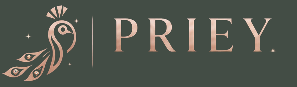 Priey logo featuring an elegant rose-gold peacock on a deep green background