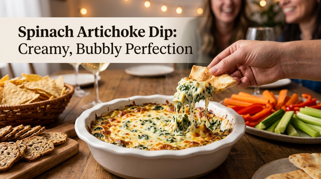 Bubbly spinach artichoke dip in a round baking dish with melted pepper jack cheese, being scooped with a pita wedge alongside crackers and fresh vegetables.