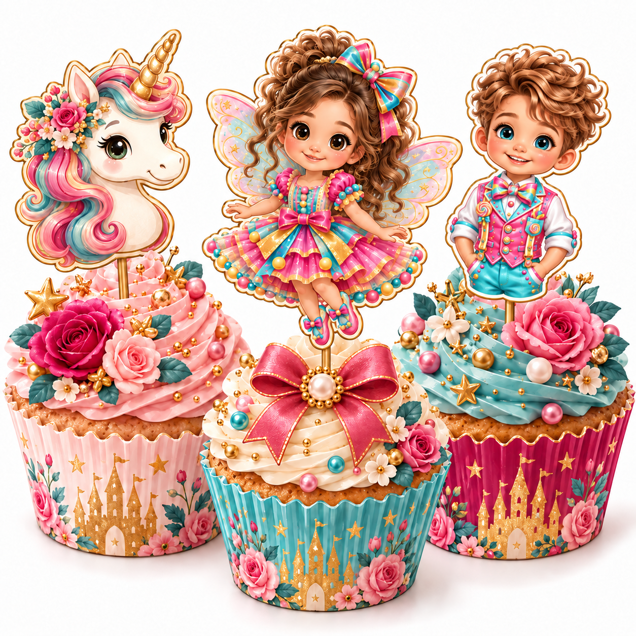 Fairytale cupcakes with unicorn, fairy girl, and colorful boy cupcake toppers