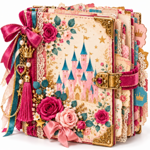 Princess fairytale junk journal with pink castle, roses, teal accents, lace, ribbons, and gold charms