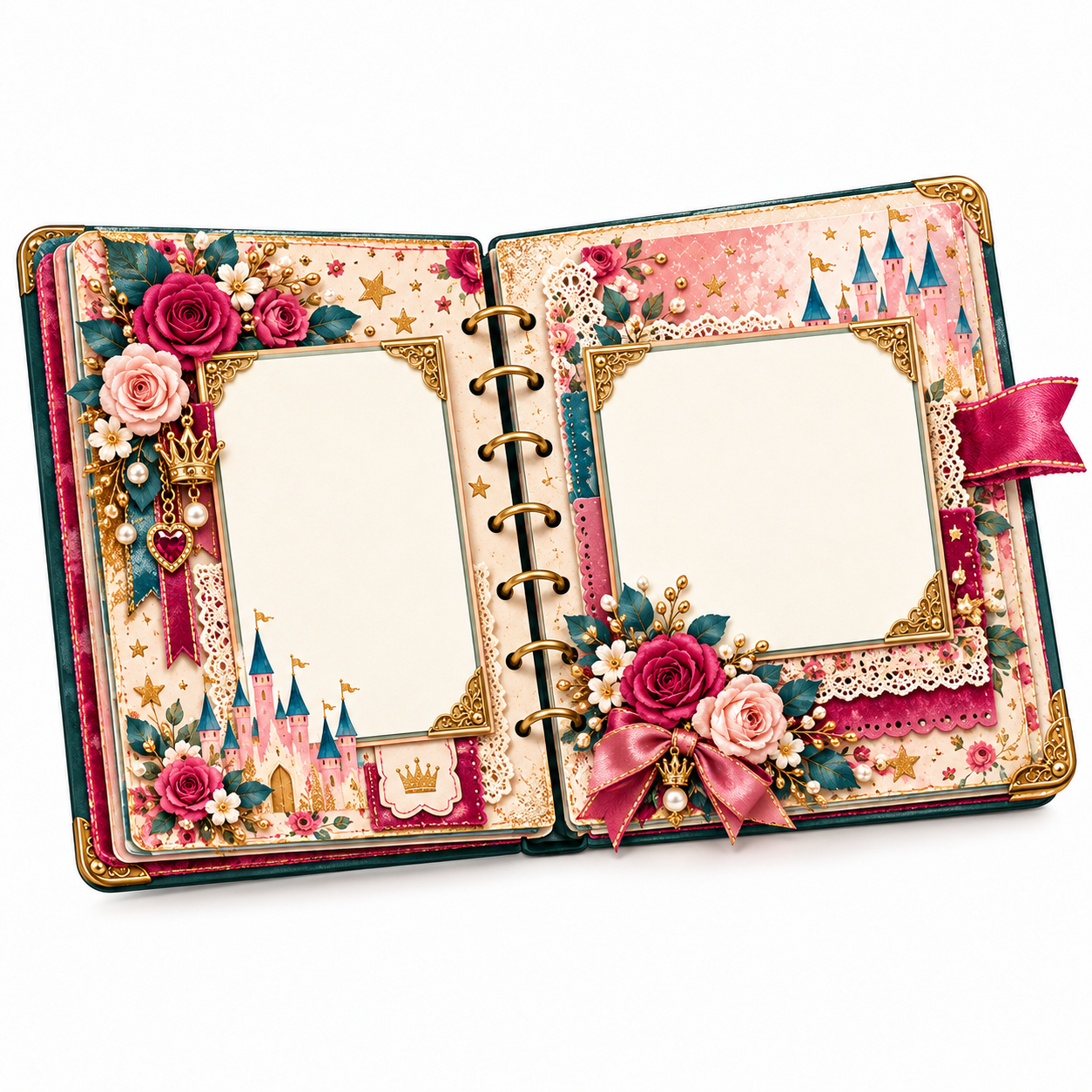 Princess fairytale scrapbook layout with photo frames, pink roses, teal accents, castles, lace, and gold details