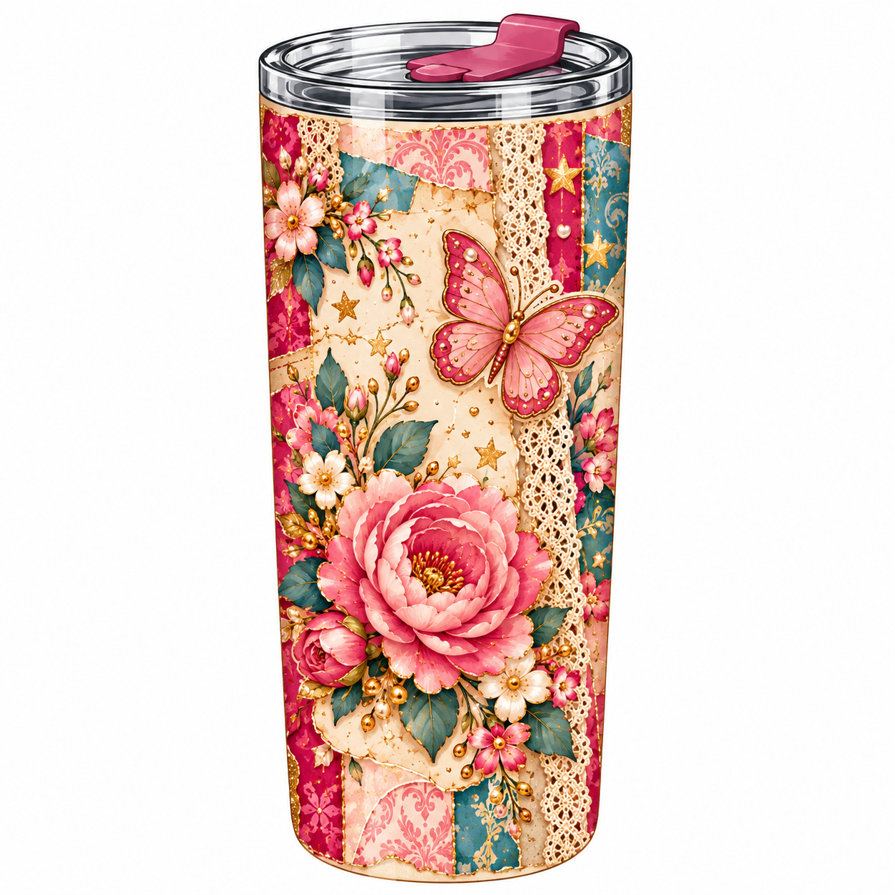 Princess-themed sublimation tumbler with pink flowers, teal accents, lace, butterfly, and gold details