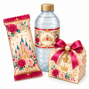 Princess party favor set with candy wrapper, water bottle label, and gift box in pink teal and gold