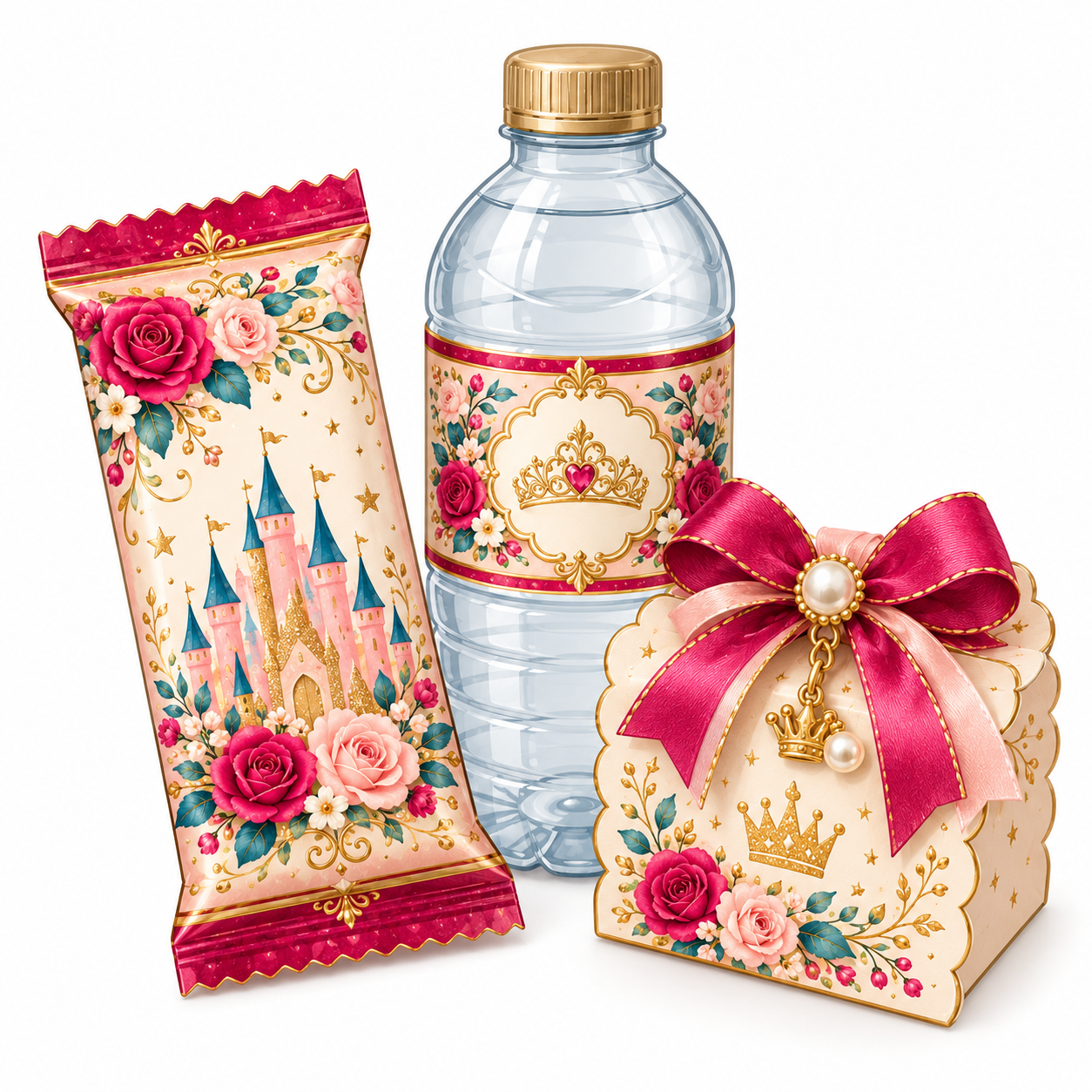 Princess party favor set with candy wrapper, water bottle label, and gift box in pink teal and gold