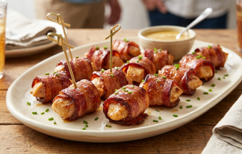 A platter of glossy bacon-wrapped chicken bites with a sweet maple glaze, served with wooden cocktail picks.