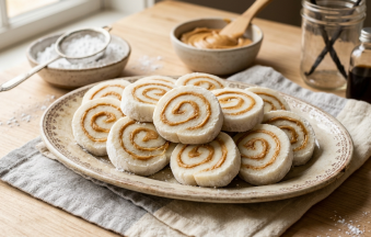 A vintage ceramic platter stacked with sliced old-fashioned potato candy pinwheels featuring a creamy peanut butter swirl, set on a wooden table alongside powdered sugar and peanut butter.