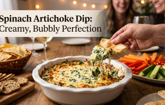 Bubbly spinach artichoke dip in a round baking dish with melted pepper jack cheese, being scooped with a pita wedge alongside crackers and fresh vegetables.